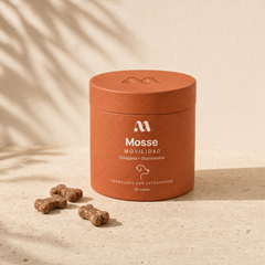 Bote de Mosse Articulaciones, snacks de colágeno y glucosamina para perros, sobre superficie de piedra crema