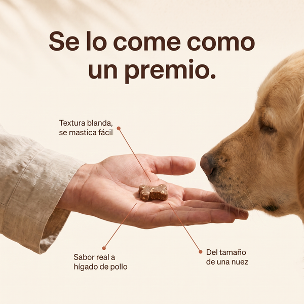 Mano ofreciendo un snack pequeño de Mosse Articulaciones a un perro: se lo come como un premio
