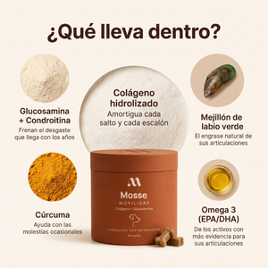 Qué lleva Mosse Articulaciones: colágeno hidrolizado, glucosamina y condroitina, cúrcuma, mejillón de labio verde y omega 3
