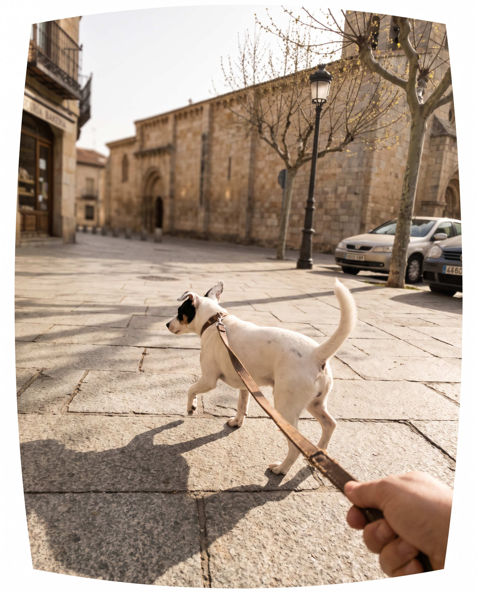 Bodeguero de edad madura, trote vivo por acera, tras tomar su snack de movilidad para perros Mosse