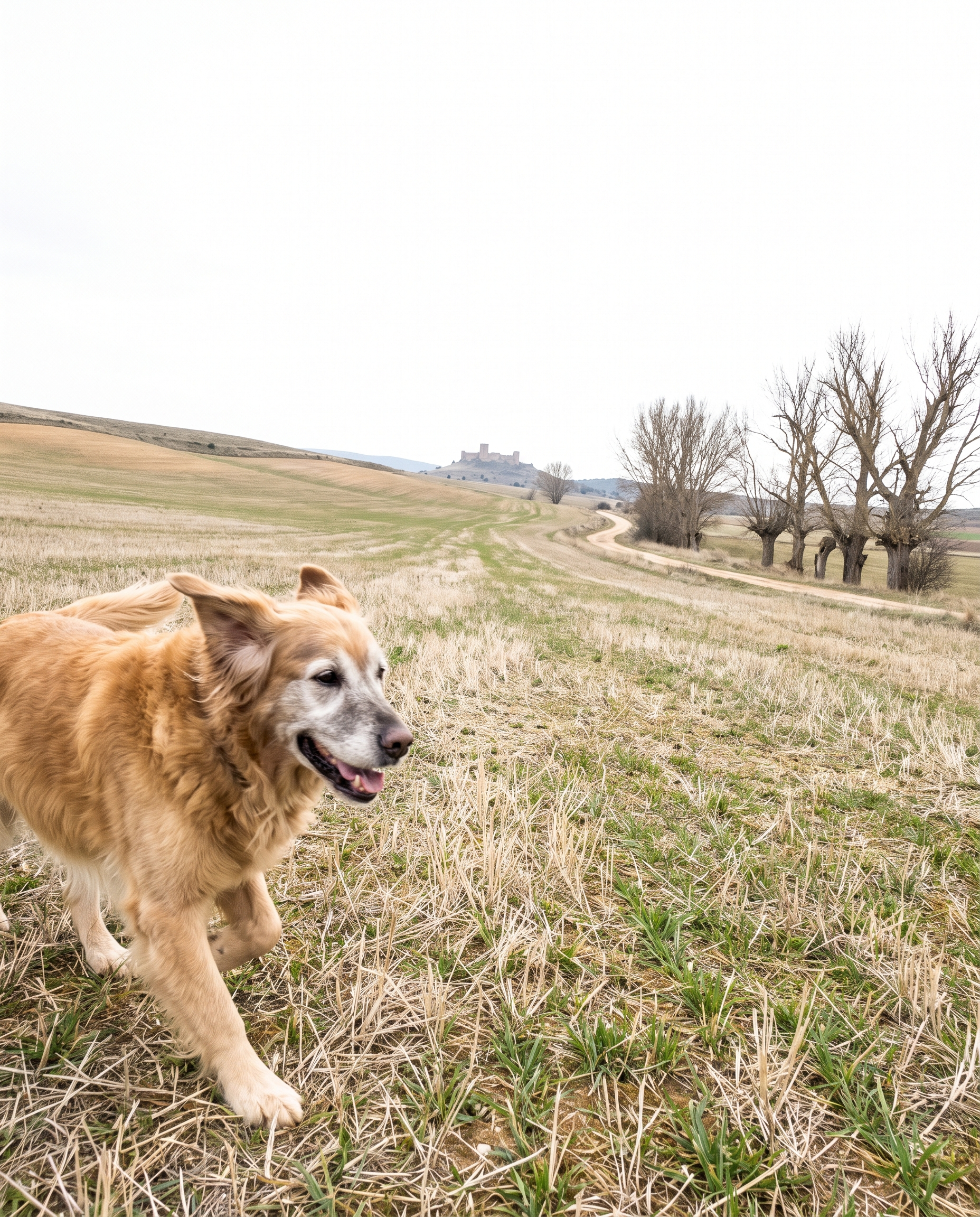 Golden de edad madura, corriendo en campo abierto, tras tomar su premio articular para perro Mosse