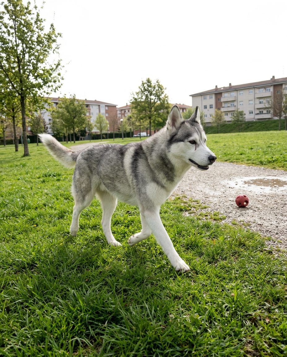 Husky siberiano de edad madura, trotando ágil por el parque, tras tomar su condroprotector natural en snack Mosse