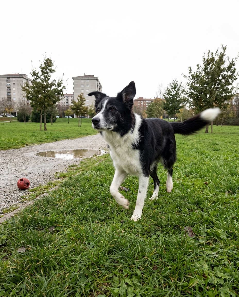 Border collie de edad madura, trote largo sin quedarse atrás, tras tomar su snack condroprotector Mosse