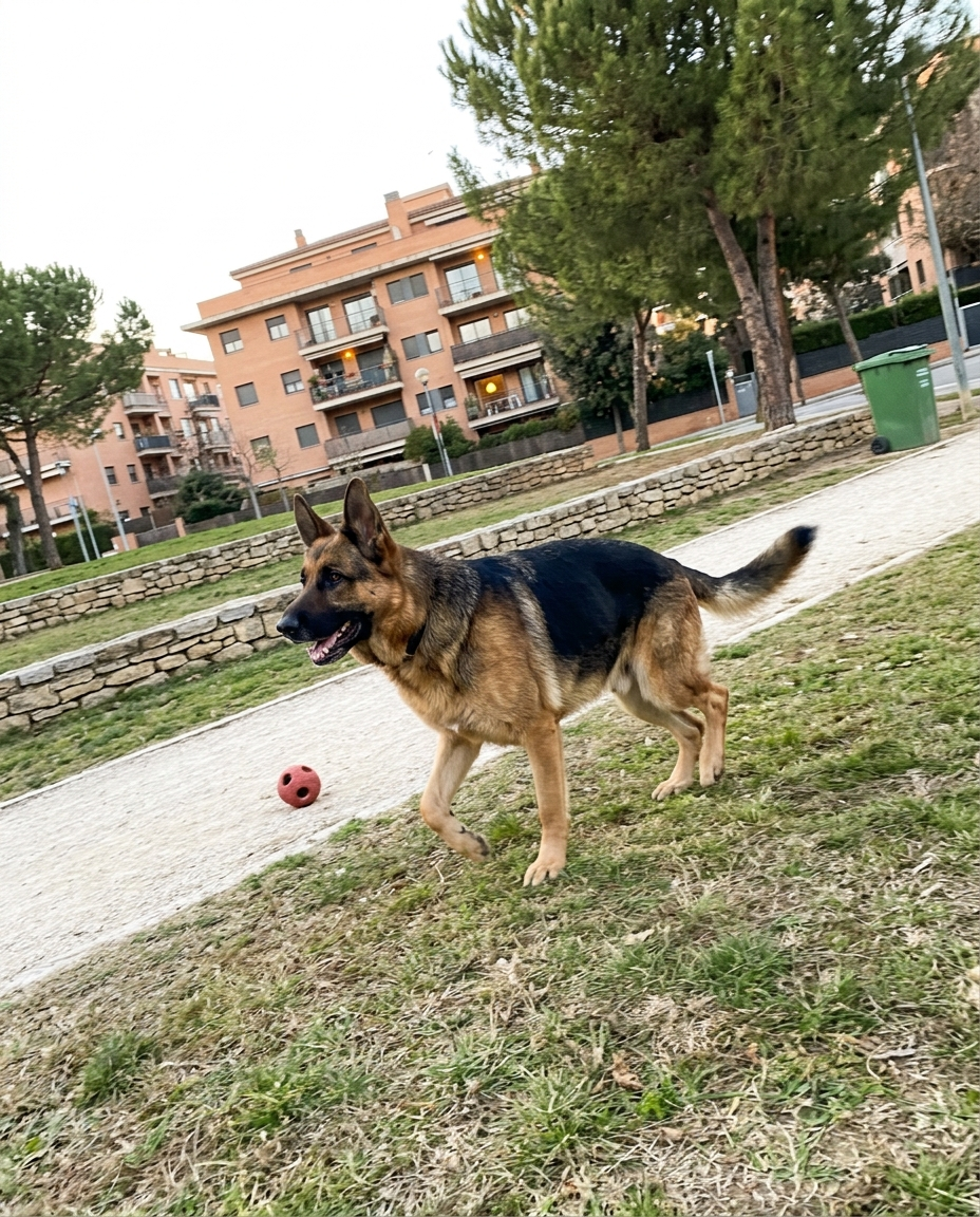 Pastor alemán senior, corriendo suelto por la hierba, tras tomar su snack condroprotector Mosse